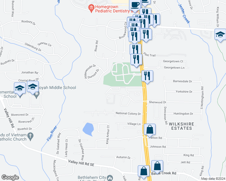 map of restaurants, bars, coffee shops, grocery stores, and more near Summercourt Drive in Jonesboro