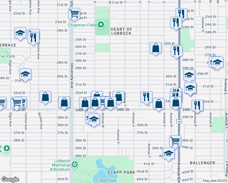 map of restaurants, bars, coffee shops, grocery stores, and more near 2220 32nd Street in Lubbock