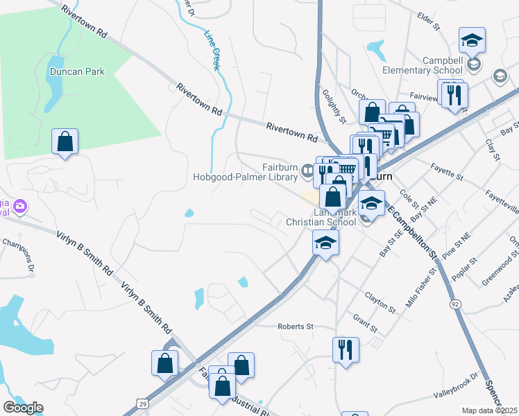 map of restaurants, bars, coffee shops, grocery stores, and more near 195 Nowell Drive in Fairburn