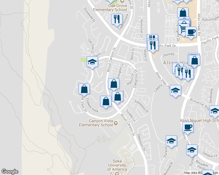 map of restaurants, bars, coffee shops, grocery stores, and more near 5 Greenborrow Court in Aliso Viejo
