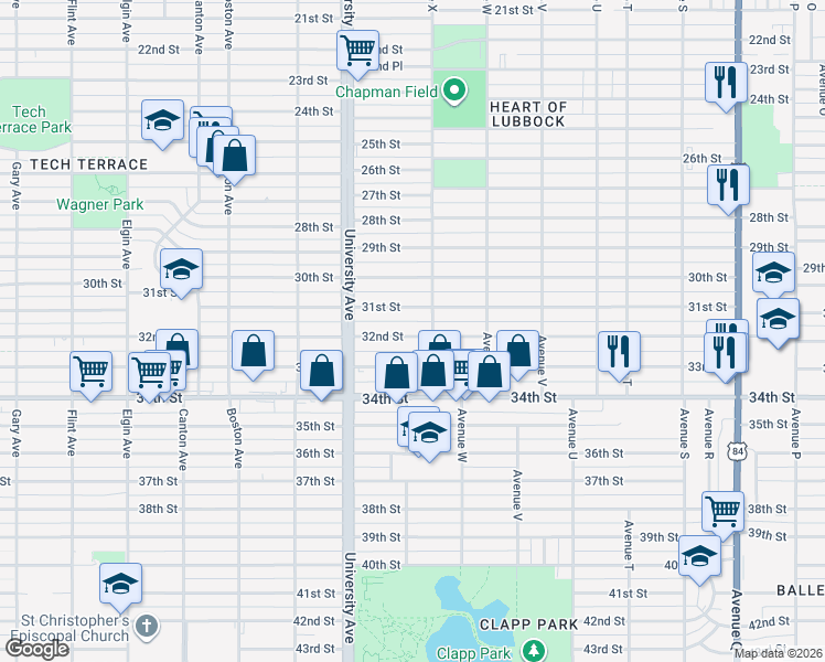 map of restaurants, bars, coffee shops, grocery stores, and more near 2408 32nd Street in Lubbock
