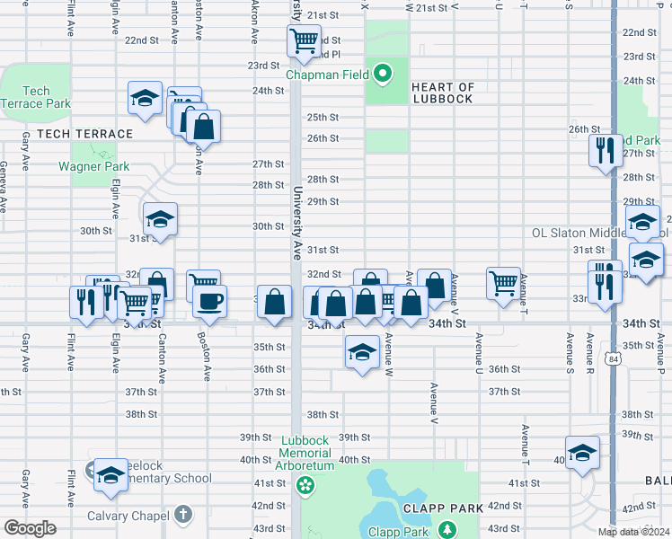 map of restaurants, bars, coffee shops, grocery stores, and more near 2408 32nd Street in Lubbock