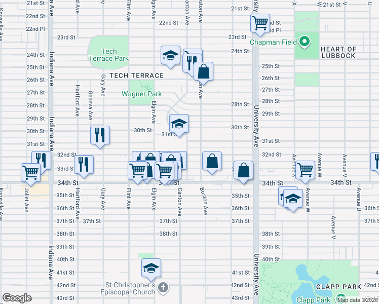 map of restaurants, bars, coffee shops, grocery stores, and more near 2704 32nd Street in Lubbock