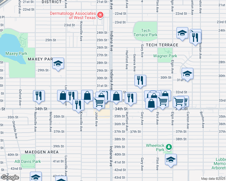 map of restaurants, bars, coffee shops, grocery stores, and more near 3320 32nd Street in Lubbock