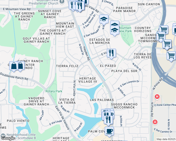 map of restaurants, bars, coffee shops, grocery stores, and more near 8175 East Del Marino Drive in Scottsdale