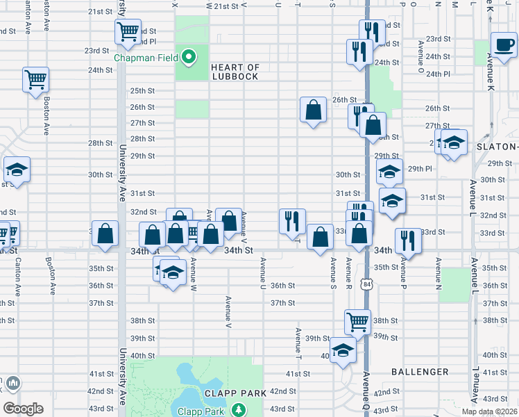 map of restaurants, bars, coffee shops, grocery stores, and more near 2114 32nd Street in Lubbock