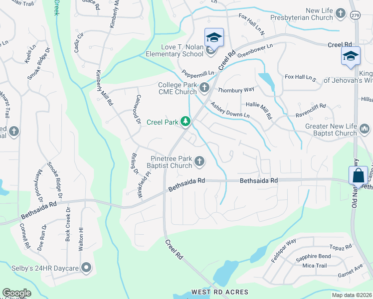 map of restaurants, bars, coffee shops, grocery stores, and more near 245 Woodhue Forest Lane in College Park