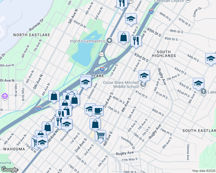 map of restaurants, bars, coffee shops, grocery stores, and more near 8021 1st Avenue South in Birmingham