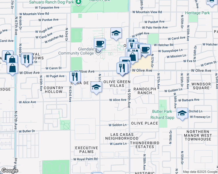 map of restaurants, bars, coffee shops, grocery stores, and more near 6056 West Golden Lane in Glendale