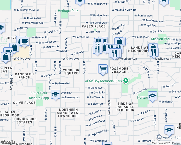 map of restaurants, bars, coffee shops, grocery stores, and more near 8816 North 53rd Avenue in Glendale