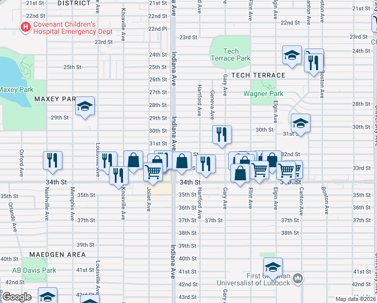 map of restaurants, bars, coffee shops, grocery stores, and more near 3304 32nd Street in Lubbock