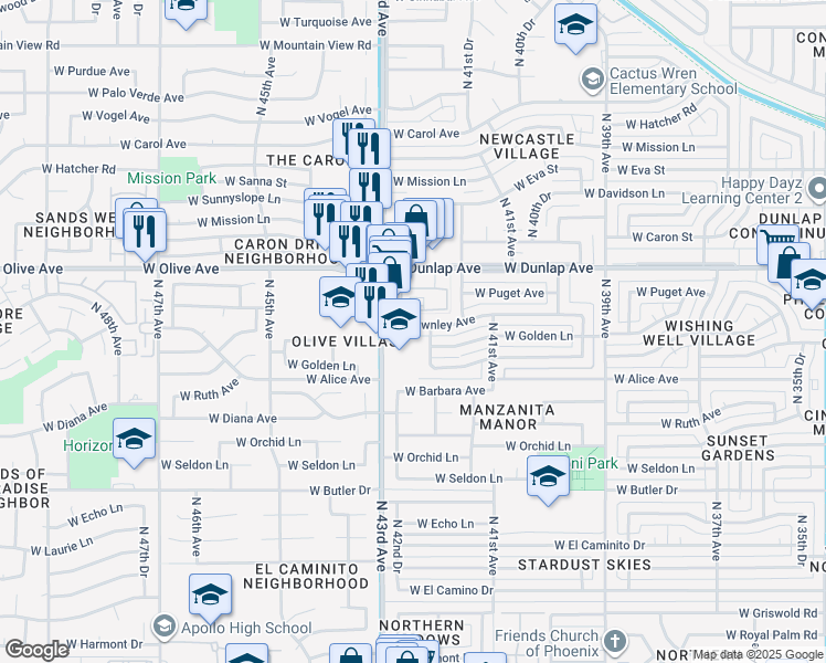 map of restaurants, bars, coffee shops, grocery stores, and more near 4249 West Townley Avenue in Phoenix
