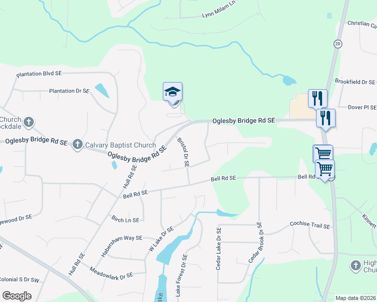 map of restaurants, bars, coffee shops, grocery stores, and more near 4636 Bristol Drive Southeast in Conyers