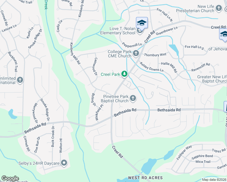 map of restaurants, bars, coffee shops, grocery stores, and more near 3005 Creel Road in College Park