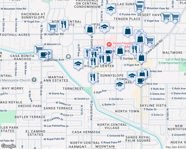 map of restaurants, bars, coffee shops, grocery stores, and more near 8831 North Central Avenue in Phoenix