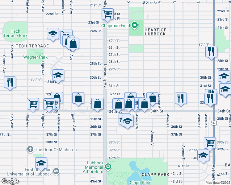 map of restaurants, bars, coffee shops, grocery stores, and more near 2418 32nd Street in Lubbock