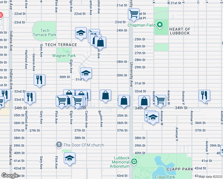 map of restaurants, bars, coffee shops, grocery stores, and more near 2608 32nd Street in Lubbock