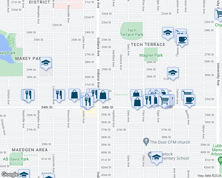 map of restaurants, bars, coffee shops, grocery stores, and more near 3304 32nd Street in Lubbock
