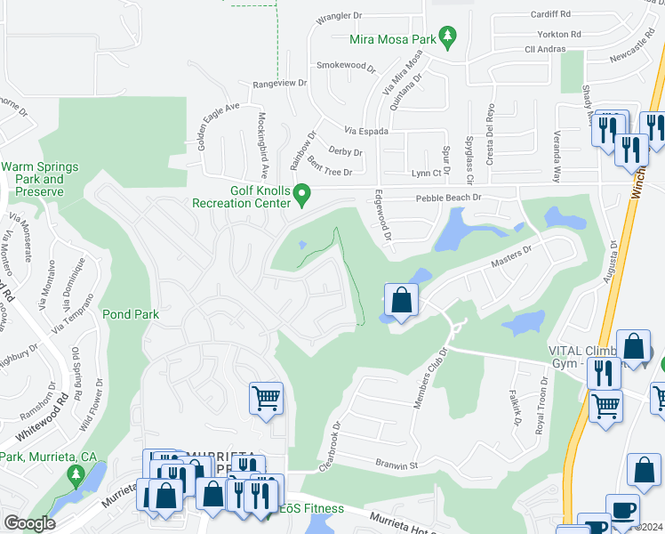 map of restaurants, bars, coffee shops, grocery stores, and more near 38211 Camino Cinife in Murrieta