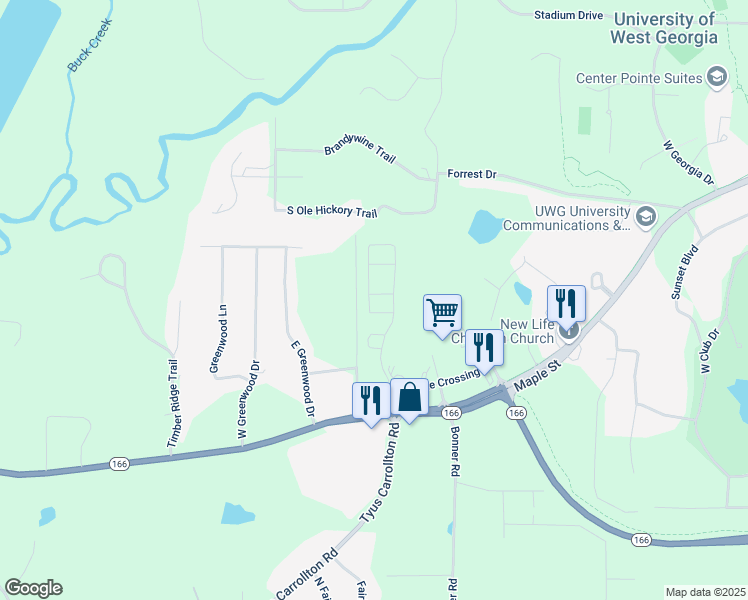 map of restaurants, bars, coffee shops, grocery stores, and more near 107 Live Oak Lane in Carrollton