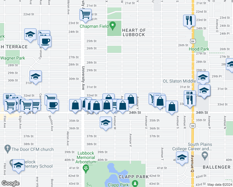 map of restaurants, bars, coffee shops, grocery stores, and more near 2308 32nd Street in Lubbock