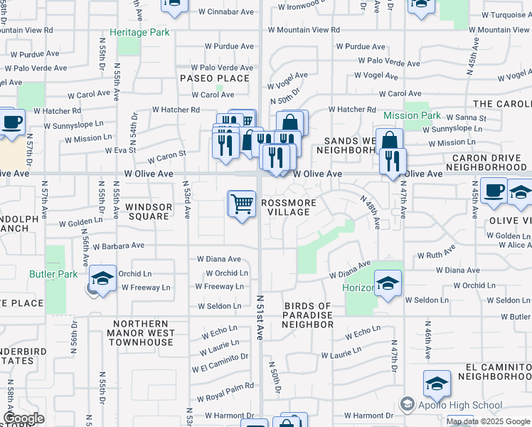 map of restaurants, bars, coffee shops, grocery stores, and more near 8832 North New World Drive in Glendale