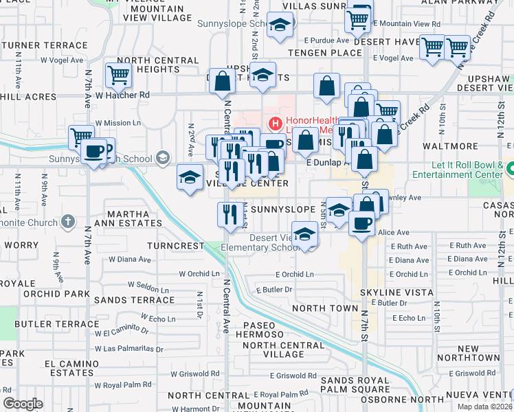 map of restaurants, bars, coffee shops, grocery stores, and more near 8837 North 1st Street in Phoenix