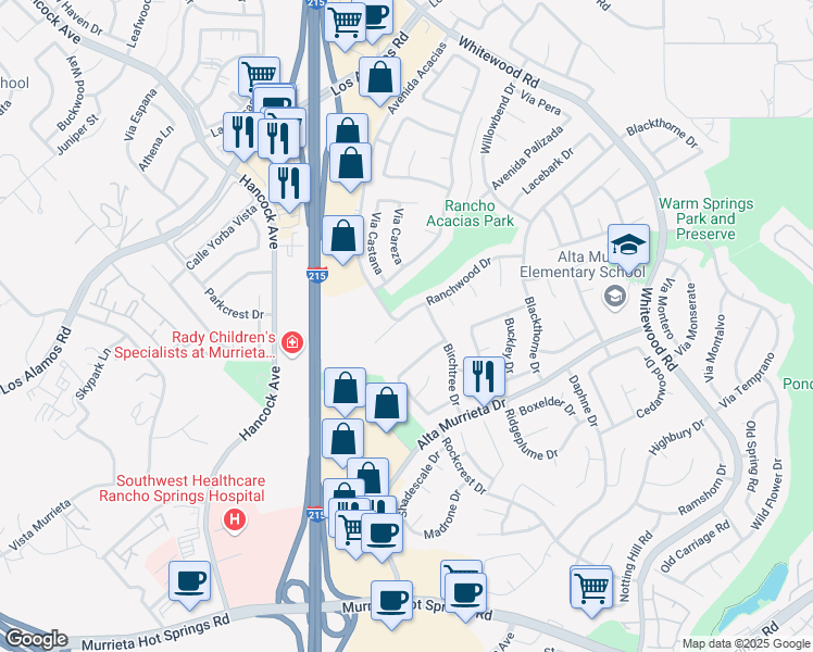 map of restaurants, bars, coffee shops, grocery stores, and more near 39900 Ranchwood Drive in Murrieta