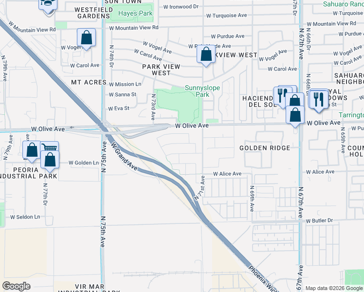 map of restaurants, bars, coffee shops, grocery stores, and more near 7185 West Townley Avenue in Peoria