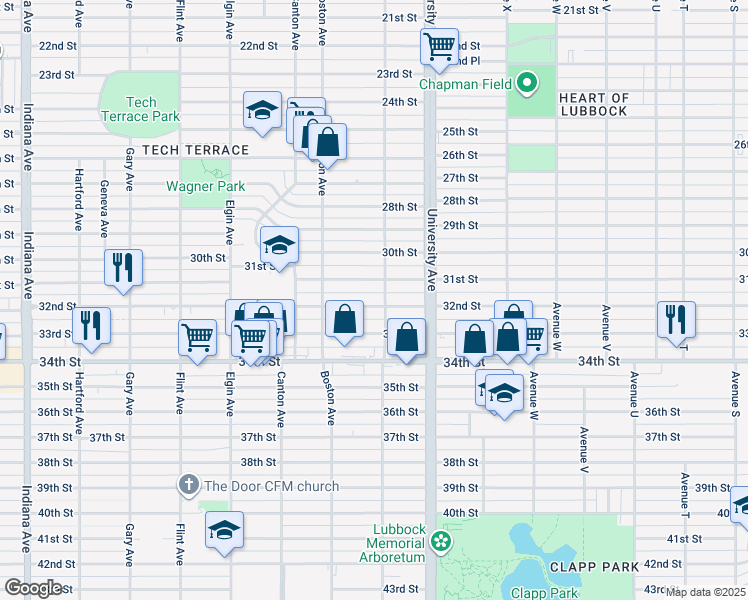 map of restaurants, bars, coffee shops, grocery stores, and more near 2604 32nd Street in Lubbock
