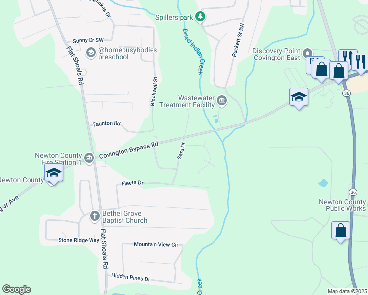 map of restaurants, bars, coffee shops, grocery stores, and more near 90 Sara Drive in Covington