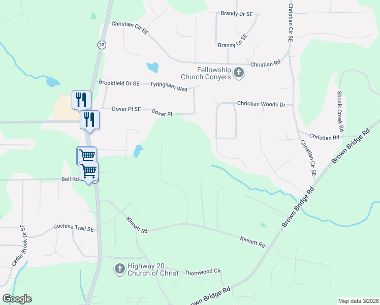 map of restaurants, bars, coffee shops, grocery stores, and more near 1140 Kinnett Road in Covington
