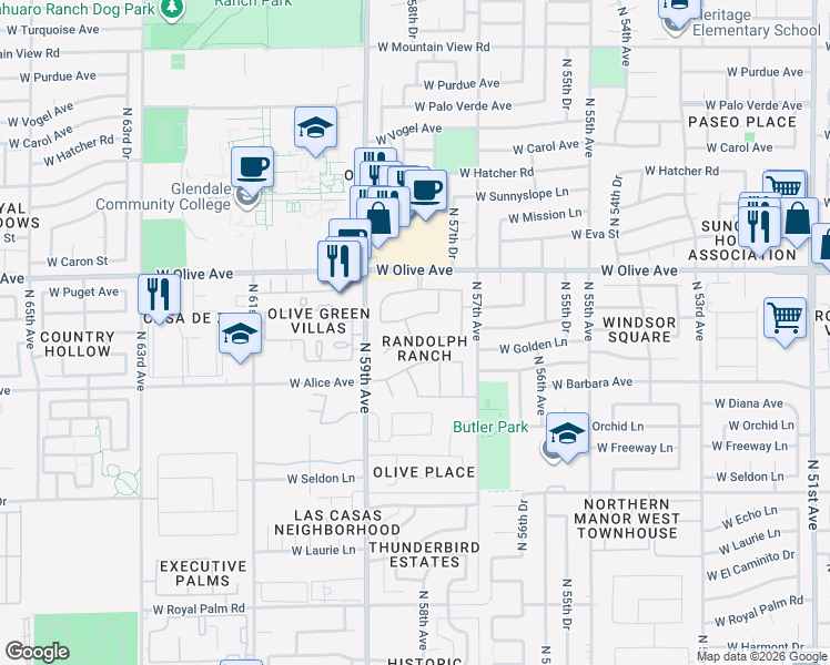 map of restaurants, bars, coffee shops, grocery stores, and more near 5809 West Townley Avenue in Glendale