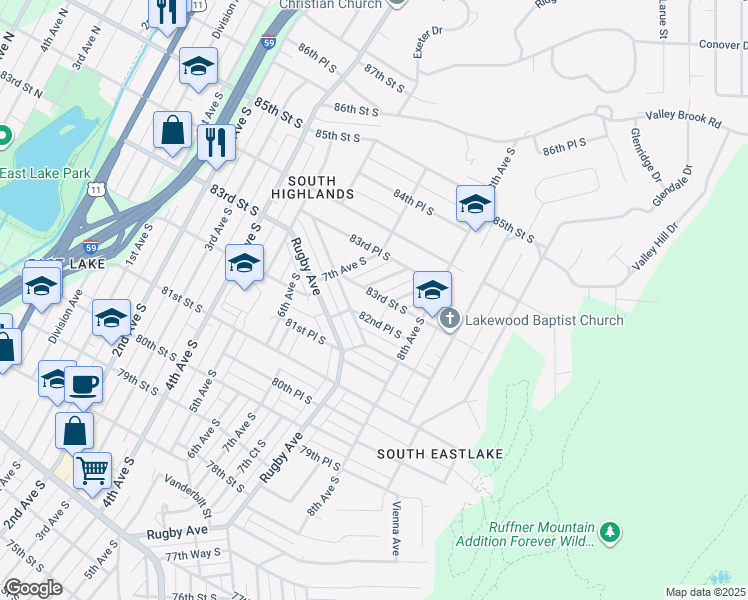 map of restaurants, bars, coffee shops, grocery stores, and more near 738 83rd Street South in Birmingham
