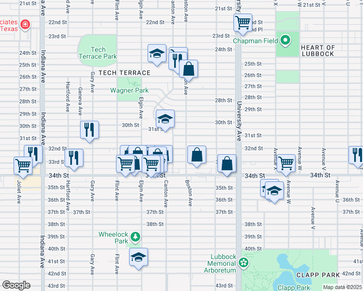 map of restaurants, bars, coffee shops, grocery stores, and more near 2704 32nd Street in Lubbock