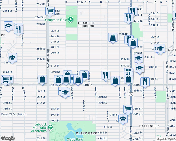 map of restaurants, bars, coffee shops, grocery stores, and more near 2206 32nd Street in Lubbock