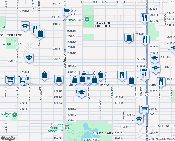 map of restaurants, bars, coffee shops, grocery stores, and more near 2314 32nd Street in Lubbock