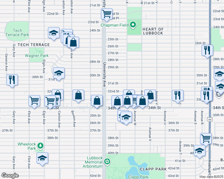 map of restaurants, bars, coffee shops, grocery stores, and more near 2422 32nd Street in Lubbock
