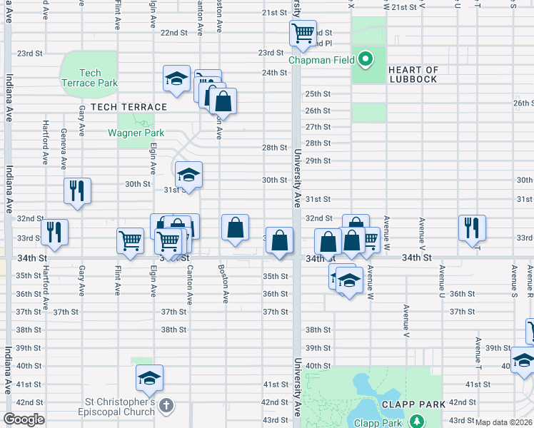map of restaurants, bars, coffee shops, grocery stores, and more near 2602 32nd Street in Lubbock