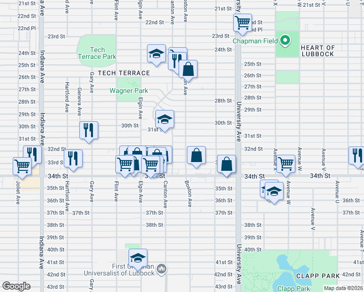 map of restaurants, bars, coffee shops, grocery stores, and more near 2704 32nd Street in Lubbock