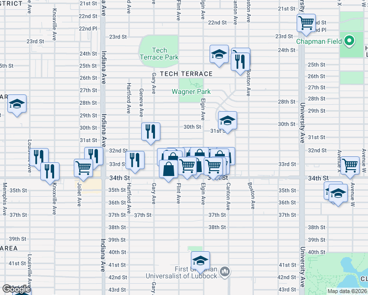 map of restaurants, bars, coffee shops, grocery stores, and more near 3102 32nd Street in Lubbock