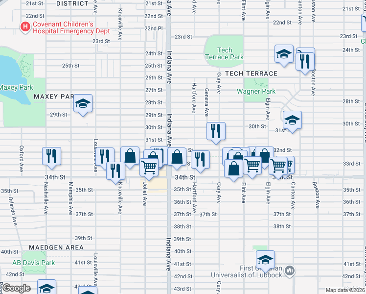 map of restaurants, bars, coffee shops, grocery stores, and more near 3304 32nd Street in Lubbock