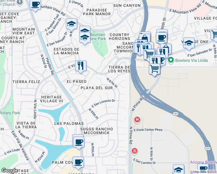 map of restaurants, bars, coffee shops, grocery stores, and more near 8619 East San Marcos Drive in Scottsdale