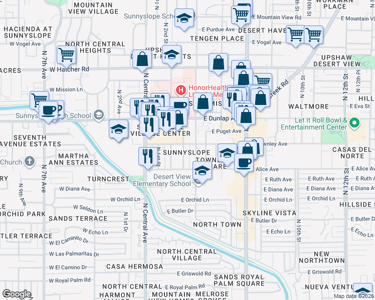 map of restaurants, bars, coffee shops, grocery stores, and more near 8842 North 2nd Way in Phoenix