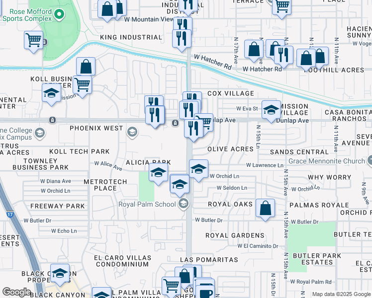 map of restaurants, bars, coffee shops, grocery stores, and more near 8815 South 19th Avenue in Phoenix