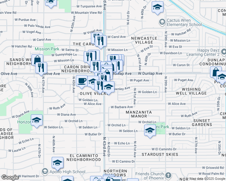 map of restaurants, bars, coffee shops, grocery stores, and more near 4249 West Townley Avenue in Phoenix