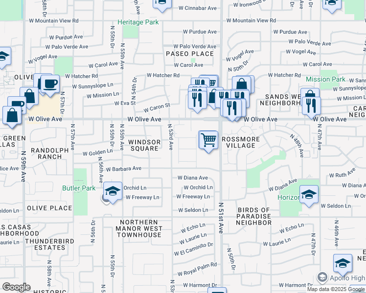 map of restaurants, bars, coffee shops, grocery stores, and more near 8816 North 53rd Avenue in Glendale