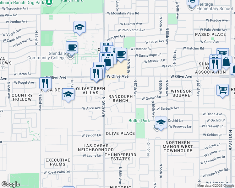 map of restaurants, bars, coffee shops, grocery stores, and more near 5809 West Townley Avenue in Glendale