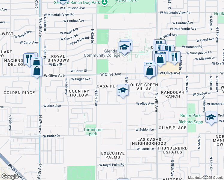 map of restaurants, bars, coffee shops, grocery stores, and more near 6201 West Olive Avenue in Glendale