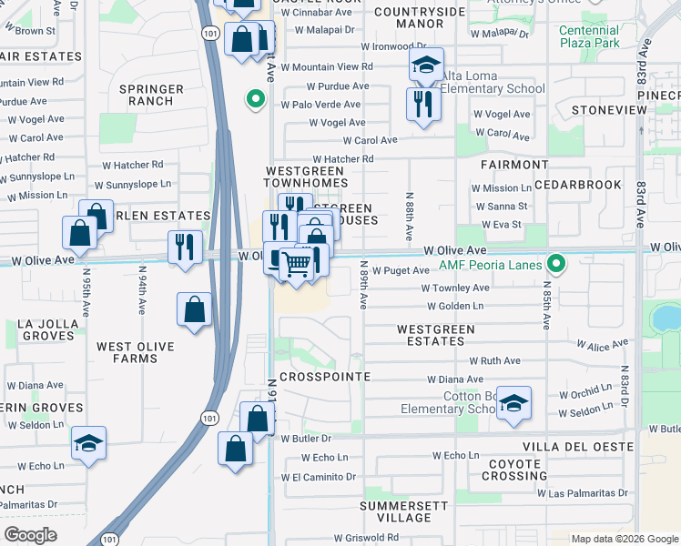 map of restaurants, bars, coffee shops, grocery stores, and more near 8917-8929 North 90th Avenue in Peoria